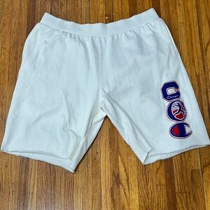Champion White Athletic Shorts with Red & Blue Logo Stack